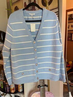 NEW Light Blue & White Striped V-Neck Cardigan
